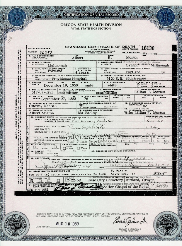 Death certificate for Albert Morton -- 1959 Portland, Oregon
