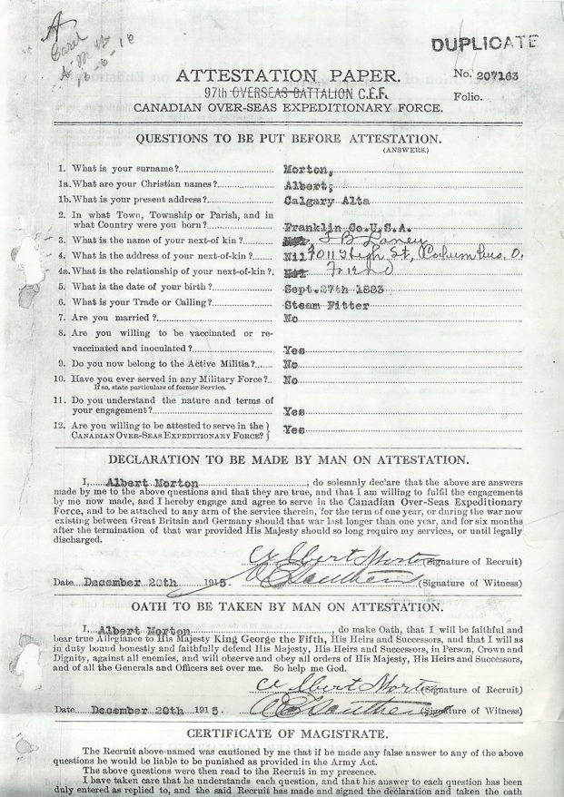 Military enlistment papers for Albert Raymond Morton -- 1915.