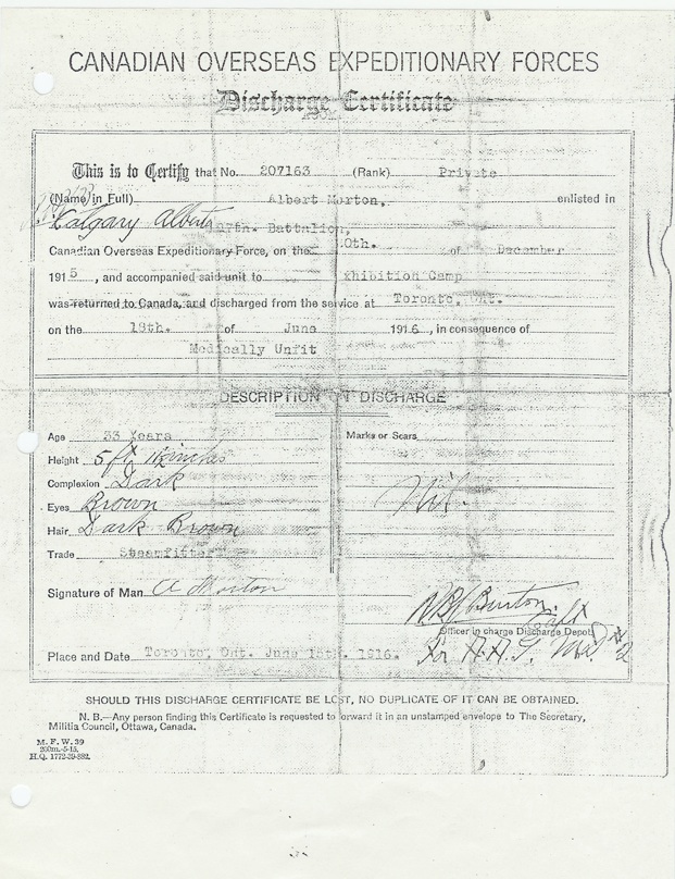 Medical discharge for Albert Raymond Morton -- Canadian Army 1916.